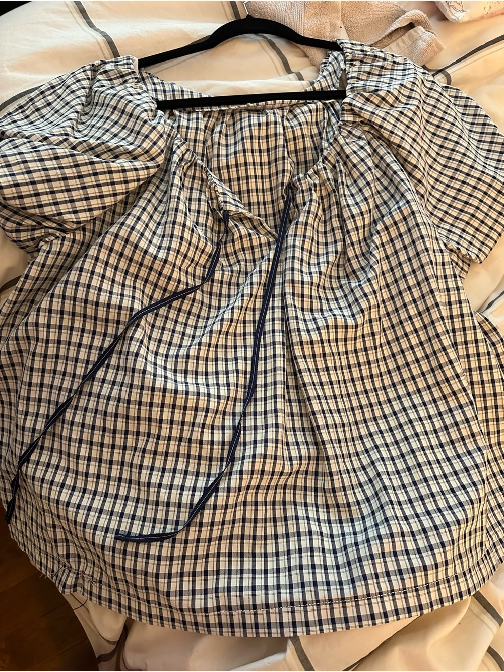 Max Studio Navy and White Plaid Peasant Top